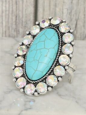 Turquoise Oval Stone Ring with Iridescent Accent Stones - Women's Jewelry